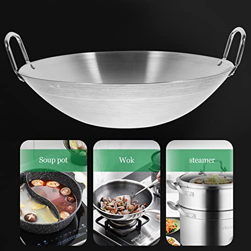 Kichvoe Stainless Steel Wok Round Bottom Frying Pan Heavy Duty Multi-functional Pot for Gas Stove Deep Design for Convenient Cooking Easy Cleaning for Stir-frying Grilling and More