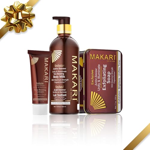 MAKARI Exclusive 3 Piece Skincare Gift Set - Exfoliating Soap, Body Milk & Face Cream Formulated with Organiclarine Ideal for All Skin Types, Botanical Self Care Kit for Women