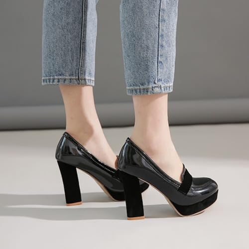 Women's Patent Leather Platform Chunky Heeled Pumps,Fashion Round Closed Toe High Heel Oxford Loafers,Comfortable Non-Slip Slip-On Office Dress Pump Shoes 7