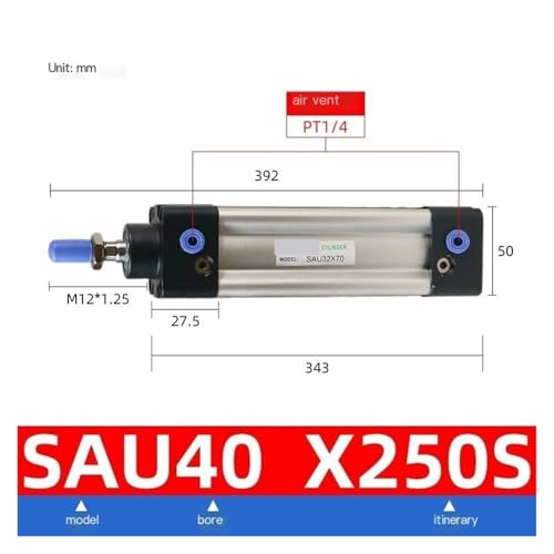 Cilindro neumático estándar SAU40 con carrera ajustable de 25 a 300mm 2