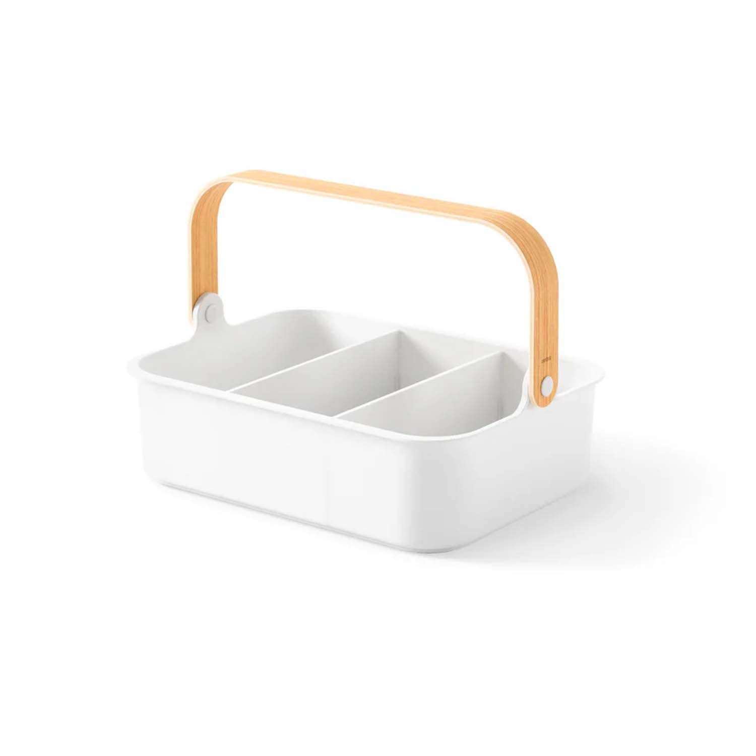 Avilia Multi-Purpose Storage Organizer - Basket with 2 Removable Dividers, Wooden Handle, Stackable, 28 x 17 cm, Recycled Plastic, White