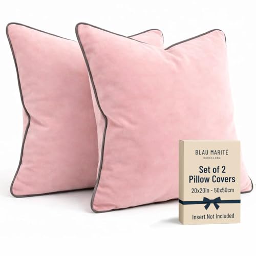 Blau Marité 2 Pack Polyester Decorative Throw Pillow Covers, 20"x20", Pink and Grey, Solid, Modern, Contrast Piping, Indoor Use, Bedroom & Living Room