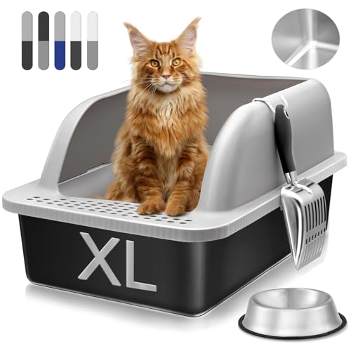 Stainless Steel Litter Box with Lid, 24'' x 16'' x 12'' Extra Large Cat Litter Box, XL Large Metal Litter Box for Big Cats with High Sided, Odor Control, with Metal Litter Scoop(Black Coated)