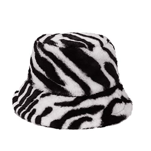 Zebra Print Faux Fur Bucket Hat Women Girls Warm Soft Lambwool Sun Hat Winter Fisherman Hat