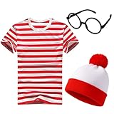 GWAWG 3Pcs Boys Girls Book Week Fancy Dress Costume Outfit,Short Sleeved Red and White Round Neck T Shirt,Red Bobble Hat,Round Glasses for Roleplay, Halloween (L)