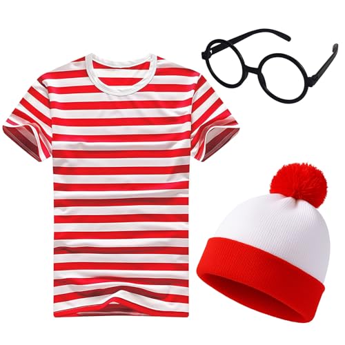 GWAWG 3Pcs Boys Girls Book Week Fancy Dress Costume Outfit,Short Sleeved Red and White Round Neck T-Shirt,Red Bobble Hat,Round Glasses for Roleplay, Halloween (XXL)