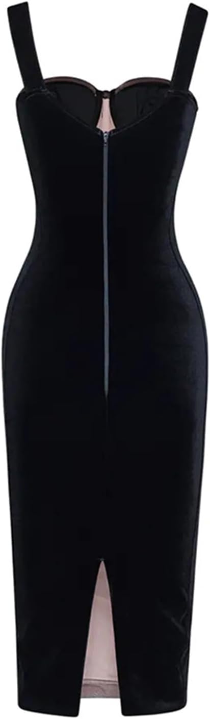 houstil Women's Strap Wedding Guest Dress Velvet Mesh Bodycon Cocktail Party Fishbone Mini Clubwear - Image 4