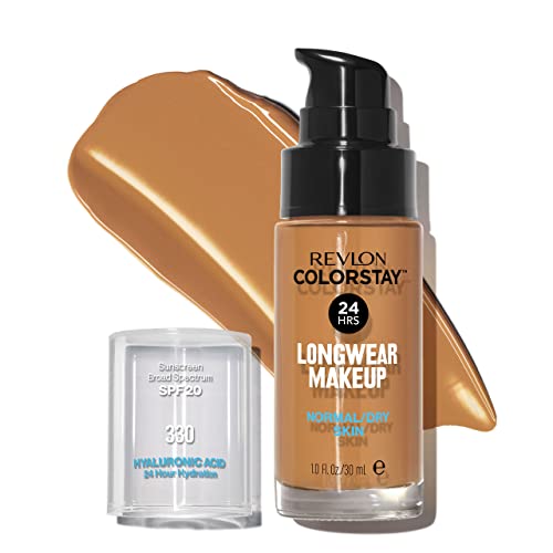 REVLON – ColorStay Makeup, Base de Maquillaje SPF 20 con Ácido Hialurónico, Sin Aceites, 24 h de Duración, Acabado Natural, Resistente al Agua, para Piel Normal y Seca, Tono 330, Natural Tan – 30 ml