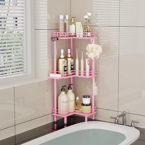 Image of Consumest Corner Shower Caddy Standing - 3-Tier Stainless Steel Shower Organizer with Soap Holder and 4 Hooks, Large Capacity Corner Shelf Stand for Bathroom, Rest Room, Pink