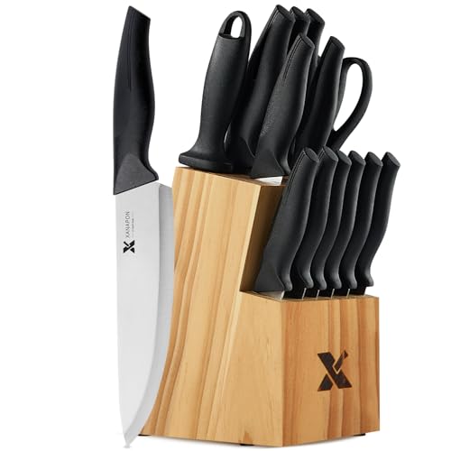 14 Pieces Kitchen Knife Set with Block, German Stainless Steel, BlackSilver