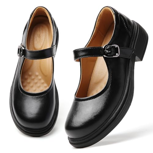 Image of Women Black Mary Jane Flats Non Slip Comfort Office Work Dress School Shoes | OKJ Women's mary janes flat Platform Comfortable maryjane patent leather Dressy Round Toe chunky Cute Shoes