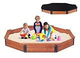 85''x78''x9'' Octagon Sandbox with Cover for Kids Outdoor Play, Wood Large Sandpit with 4 Benches, Quick Easy Install, US. Patented