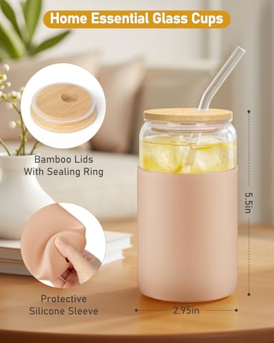 Image of sungwoo Glass Cups with Lids and Straws, 4 Pack 16OZ Iced Coffee Cups with Silicone Sleeve, Glass Tumbler with Straw and Bamboo Lid, Home Essential Drinking Set for Juice, Cocktail and Latte 4 Colors