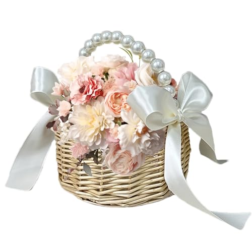 Generic - en osier avec poignée en perles – Élégant de fleurs en rotin, support de pétales de rose en soie artificielle | Bac de rangement décoratif avec nœud pour cérémonie de mariage, fête
