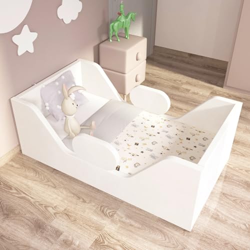 Toddler Bed, Child Bed for Kids with Extra Safty Broad, Standard Crib Size Toddler Bed, Certified Fabric Toddler Beds,Toddler Flood Bed (White)