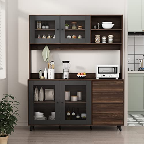 AGOTENI Large Kitchen Hutch Cabinet, Storage Cupboard Pantry with 4 Glass Doors, 4 Drawers & Microwave Shelf, for Kitchen Open Storage, Rustic Brown (63\" W x 15.7\" D x 74.8\" H)