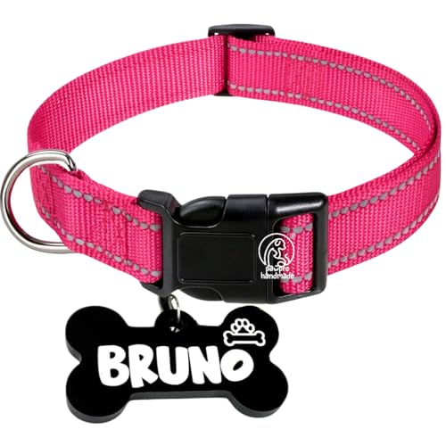 Image of PAWPRO HANDMADE Nylon Reflective Dog Collar With Customizable Bone-Shaped Tag Adjustable For Safety And Comfort, Fits 35-50 Cm Neck Black (Pink, Medium)