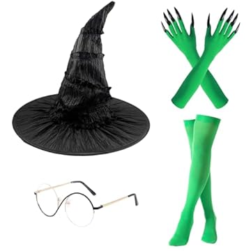 TYXHXTF Costume da Strega, Accessori per Costume da Strega, Cappello e Occhiali da Elphaba e Guanti Verdi con Artigli, Calze Alte, per Halloween Carnevale Cosplay