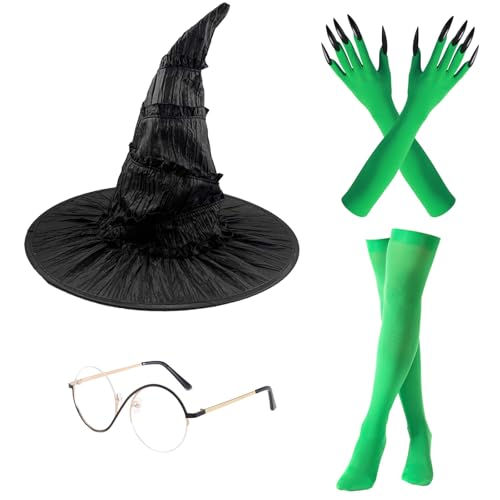 Immagine prodotto: TYXHXTF Costume da Strega, Accessori per Costume da Strega, Cappello e Occhiali da Elphaba e Guanti Verdi con Artigli, Calze Alte, per Halloween Carnevale Cosplay