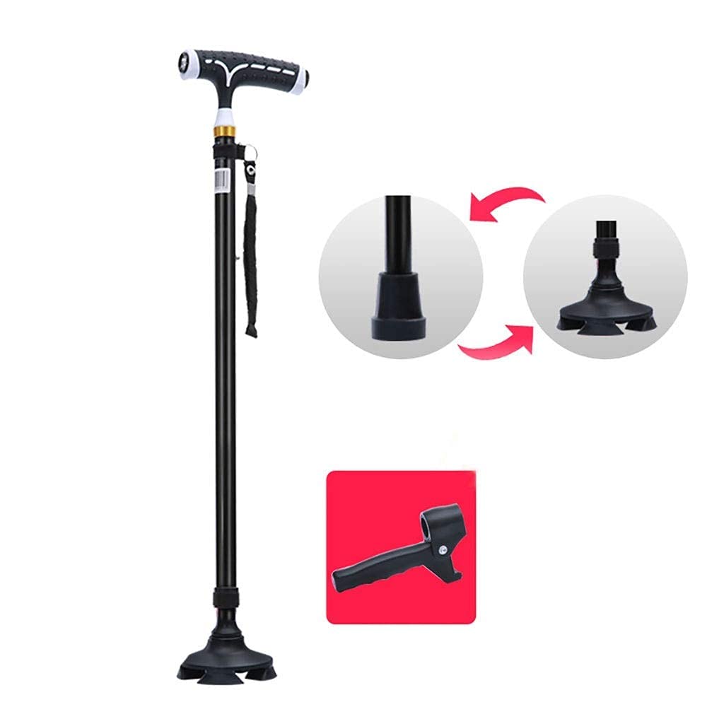 Andador para Ancianos,Bastón Bastón - Base de 4 Patas, con Luces Altura Ajustable Telescópico Aluminio Discapacidad Ayuda médica Ancianos Antideslizantes Muletas Mango de Masaje Muletas pleg