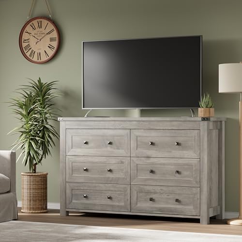 Image of BORNOON 6-Drawer Dresser, Modern Wooden Storage Chest of Drawers, Dresser TV Stand, Wood Drawer Organizer with Metal Handles for Bedroom, Living Room, Hallway