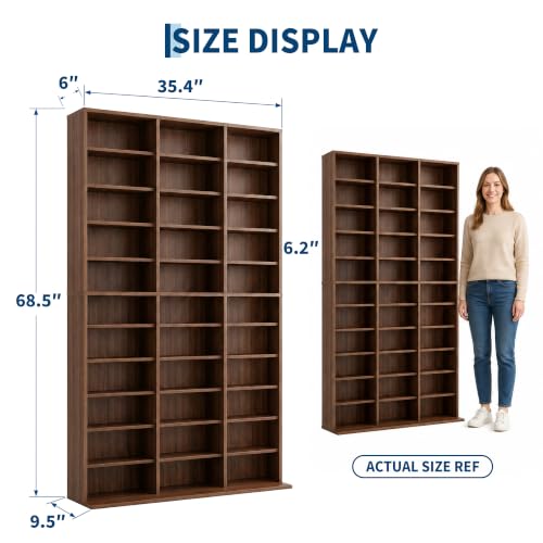 Image of Garvee 11 Tier Tall CD Display Cabinet, 33-Compartment Media Tower, Walnut | Adjustable Shelves, Anti-Tip Kit, Tall Wooden Freestanding Media Display Shelf Tower for CD, DVD, Manga, Movies, Games, Book