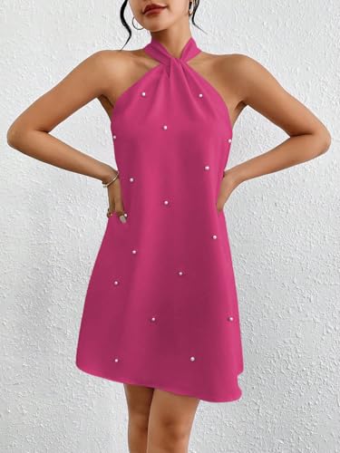 Image of Floerns Women's Pearl Beaded Halter Twist Sleeveless Tie Back Dress A Line Dress