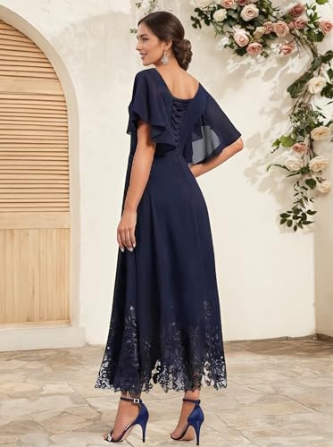 Tea Length Mother of Bride Dresses with Sleeves Chiffon V-Neck Lace Beaded Formal Evening Dresses for Women UU2053
