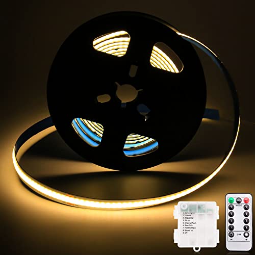 Smacen Battery Powered Cob Led Strip Lights, 6.56Ft Warm White Led Strip Lights With Remote, Dimmable, Timer, High Brightness Flexible Led Tape Lights For Cabinet, Bedroom, Home Diy Decoration. #TOP5