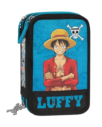 ONE PIECE - Astuccio Scuola Ufficiale One Piece, Astuccio 3 Scomparti Bambini e Bambine con Set Cancelleria, Penna Cancellabile Blu Frixion e Pratica Chiusura a Zip, 20x13Hx7 cm