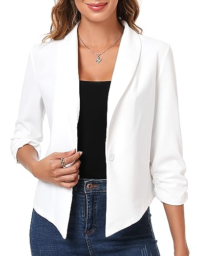White Blazer Jacket for Women Fall Lightweight Crop Blazer Stretchy Ruched Sleeve Office Outfits Shrugs Middle