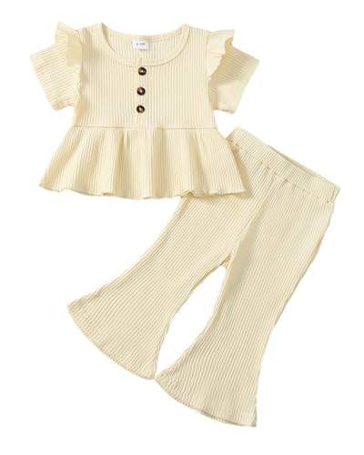 Image of Toddler Baby Girl Clothes Fall/Winter Girls Outfits Ruffle Long Sleeve Tops Floral Flared Pants Girls' Clothing Sets