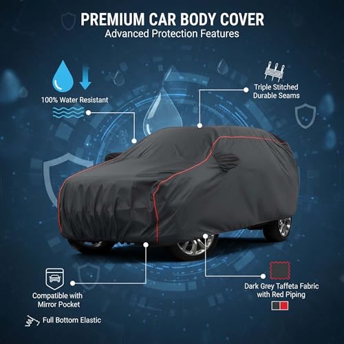 Image of Sulfar 100% Water Resistant Car Body Cover Compatible with Mirror for Mahindra XEV 9e (Triple Stitched, Full Bottom Elastic, Dark Grey Tafetta with Red Piping)