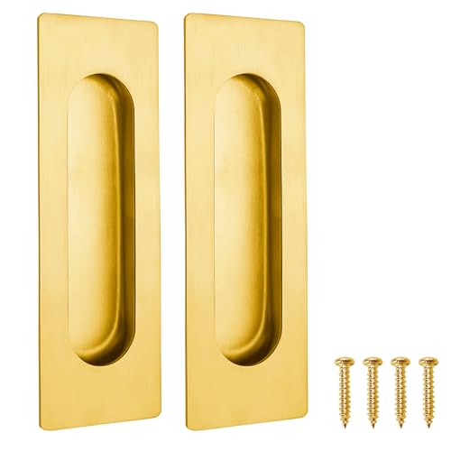Malimali 4.72 Inch Recessed Finger Flush Pulls for Kitchen Cabinet, Closet, Sliding Cupboard Door Handle - Brushed Gold Stainless Steel Rectangular Door Pulls Replacement Hardware (2 Pack) by Malimali - Used condition - US$8.17