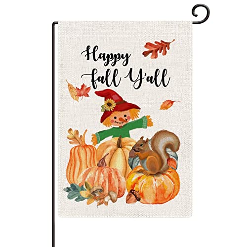 Bandera de jardín de otoño 28x40 de arpillera con espantapájaros y calabazas de doble cara