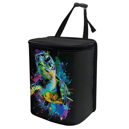Image of Talayituse Turtle Paint Splatter Print Car Trash Can with Adjustable Straps, Foldable Car Trash Bag Bin Car Garbage Bag Multipurpose Storage Box for Vehicle Travel Camping Picnicing