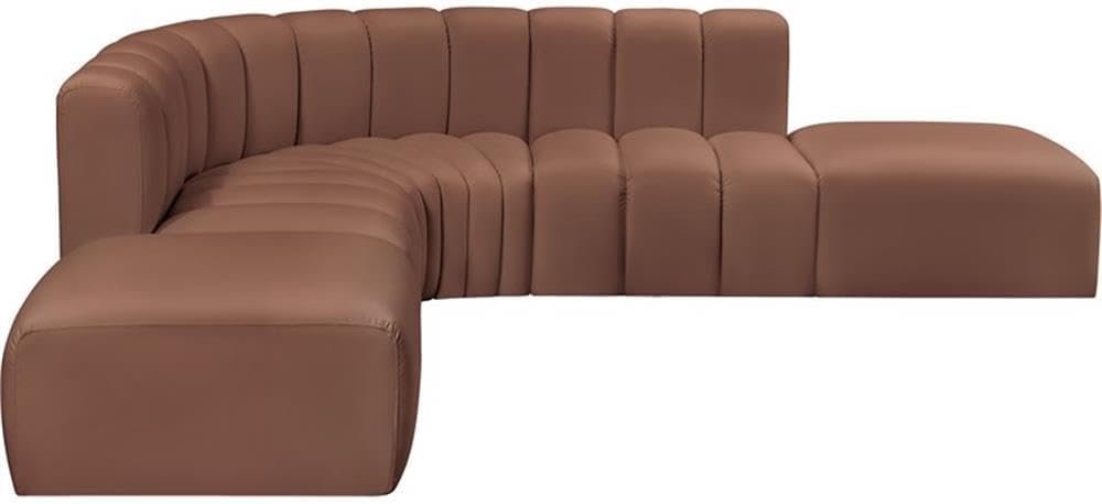 BOWERY HILL Contemporary Vegan Leather Modular Sectional, Cognac Upholstery, 6-Piece Set, Deep Channel Tufting, 146" W x 76" D x 30" H, Versatile Living Room or Home Office Seating