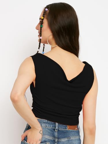 Image of Uptownie Women Top | Stretchable Cowl Neck Ruched Design | Sleeveless & Knitted Fabric for Casual Soft & Comfortable