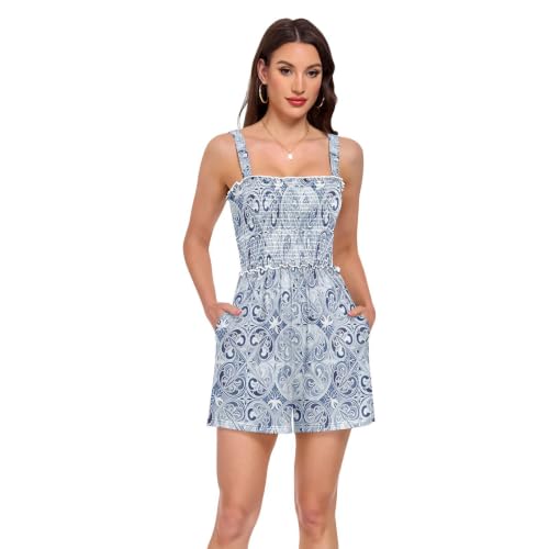 Mameluco floral azul gris para mujer con cuello cuadrado y bolsillos laterales prácticos