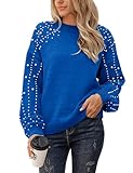 Blooming Jelly Women's Chunky Sweater Crewneck Sweatshirt Knit Lantern Sleeve Oversized Pullover Sweater with Pearls (Large, Royal Blue)