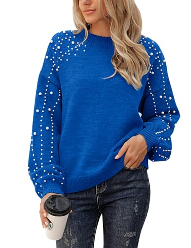 Image of Blooming Jelly Women's Chunky Sweater Crewneck Sweatshirt Knit Lantern Sleeve Oversized Pullover Sweater with Pearls