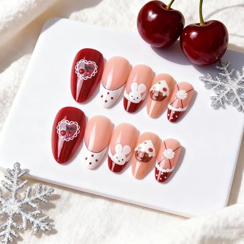 Image of Red Press on Nails Rabbit Fake Nails Cake False Nail with Design Cherry Glue on Nails Reusable Artificial Acrylic Glossy Full Cover French Tip Sick on Nail for Women Manicure 24Pcs