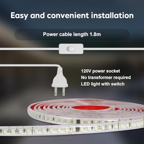 Image of White LED Strip Light Waterproof LED Light Strip AC 110-130V 5 Meter LED Tape Light 16.4 Foot 120 LEDs /M Flexible Adhesive Strip Lighting 4000K for Under Cabinet Outdoor Indoor