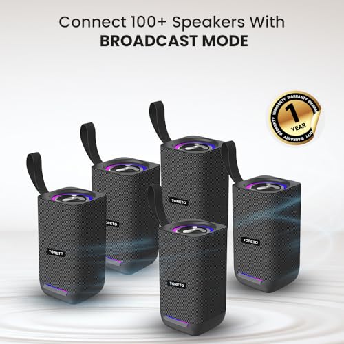 Image of Toreto Zyra 30W Premium Wireless Bluetooth Speaker with up to 12H Playtime, Sync 100+ Speakers with Broadcast Mode, IPX5 Water Resistant, Type-C Fast Charging, RGB Lights, BT v5.4, AUX /USB /TF Support