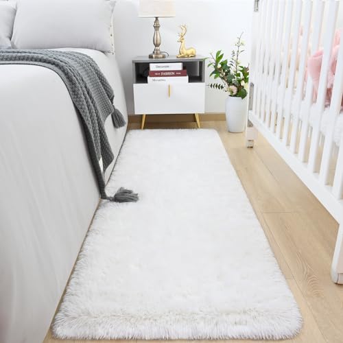 HOMORE 2x6 Runner Rugs for Bedroom, White Runner Rug for Hallway Entryway Laundry, Modern Shag Bedroom Runner Cute Carpets for Kids Dorm Bedside, Ivory