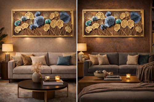 Image of F-RIQA METAL Luxury Metal Leaf Wall Art (20 x 40 Inch) - Gold & Blue Floral Wall Hanging Decor for Living Room, Bedroom & Office