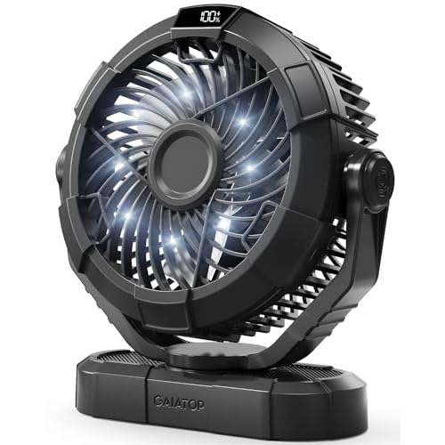 Gaiatop Portable Camping Fan with LED Lantern, 4000mAh 8-Inch Rechargeable Outdoor Tent Fan, 360° Head Rotation, 3 Speed and Quiet Battery Operated USB Desk Fan for Indoor Outdoor Travel Black