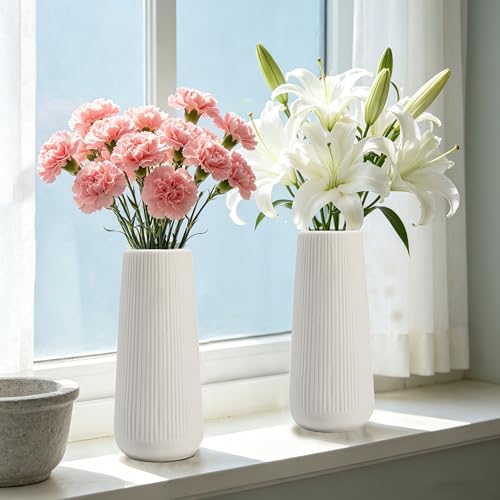 Image of Ceramic Vase for Flower, Pampas Grass Vase, 7.8''H Ribbed, White, 2pcs