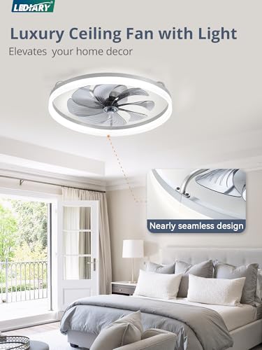 Image of LEDIARY Ceiling Fans with Lights, 23 inch Low Profile Flush Mount Ceiling Fan, Dimmable LED, APP & Remote Control, Quiet Reversible DC Motor, 6 Speeds, Fandelier for Bedroom, Grey