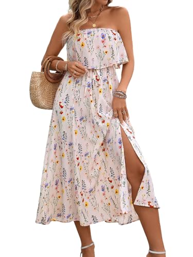 Image of Women's Ruffle Floral Maxi Summer Casual Dress Off Shoulder Wedding Guest Slit Hem Beach Prom Dresses